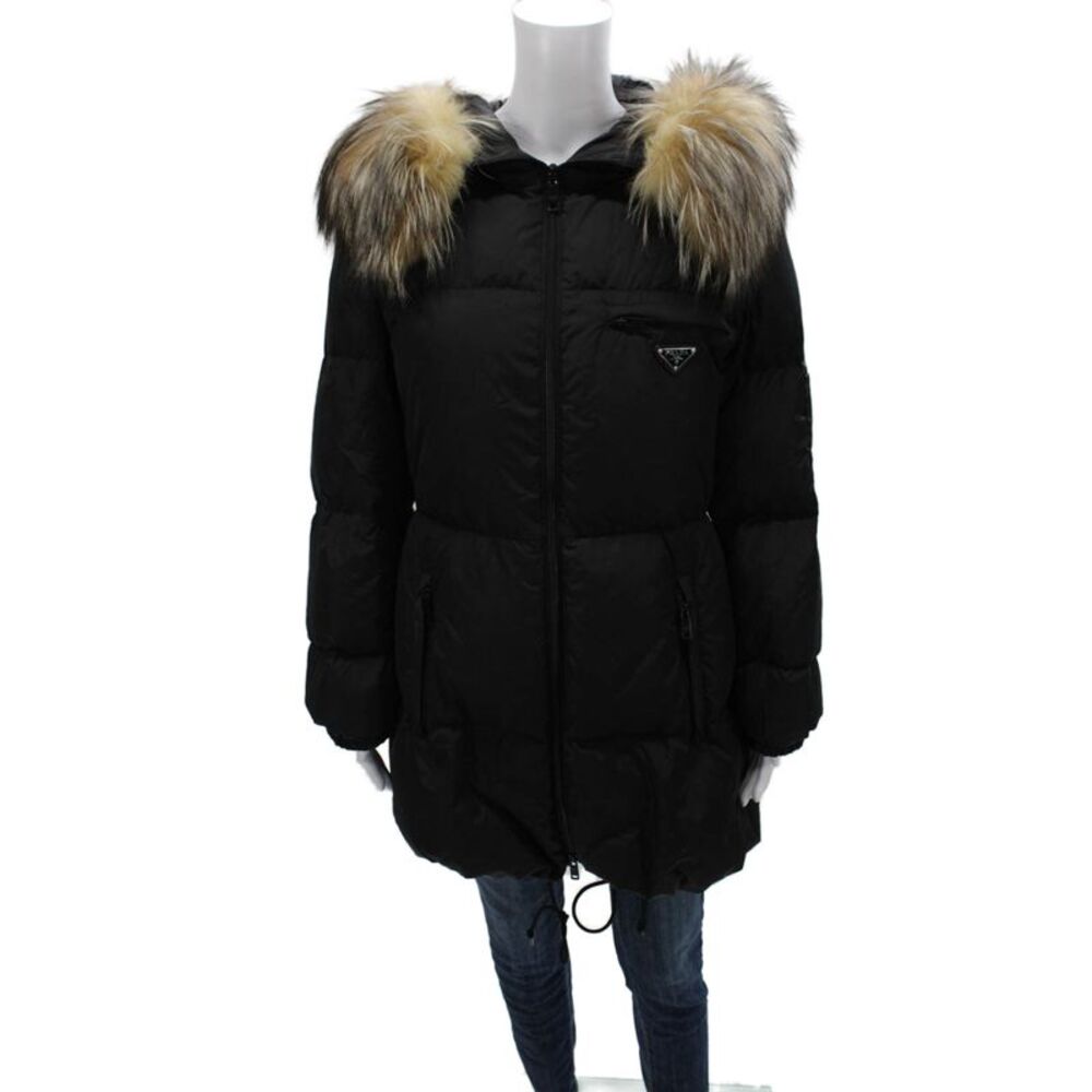 Prada Women Puffer Jacket Black Polyester Snap Long Sleeve Size 46